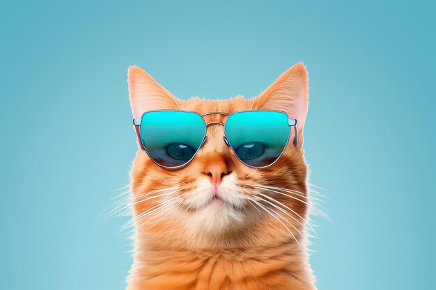 Фото Крупным планом портрет смешной рыжей кошки в солнечных очках, изолированных на светло-голубом