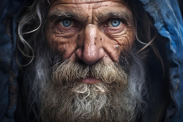 Closeup portrait of old homeless man with blue eyes