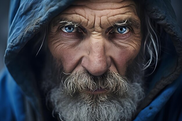 Closeup portrait of old homeless man with blue eyes