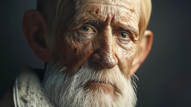 Closeup portrait of an old man with a long white beard and green eyes The man has a weathered face and a thoughtful expression in his eyes