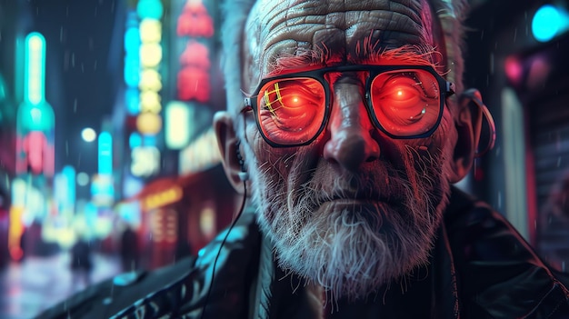 A closeup portrait of an old man with red glowing eyes He is wearing glasses and has a beard The background is blurred with a bokeh effect