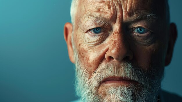 Closeup portrait of an old man with white beard and blue eyes looking at the camera with a serious expression