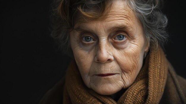 Closeup portrait of an old woman with a weathered face and a stern expression She is wearing a brown scarf