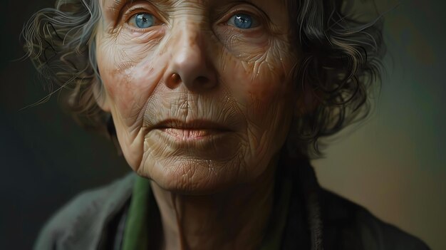 Closeup portrait of an old womans face The woman has blue eyes wrinkles and gray hair She is looking at the camera with a sad expression