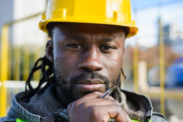 closeup portrait of pensive young black engineer man looking at camera outdoors