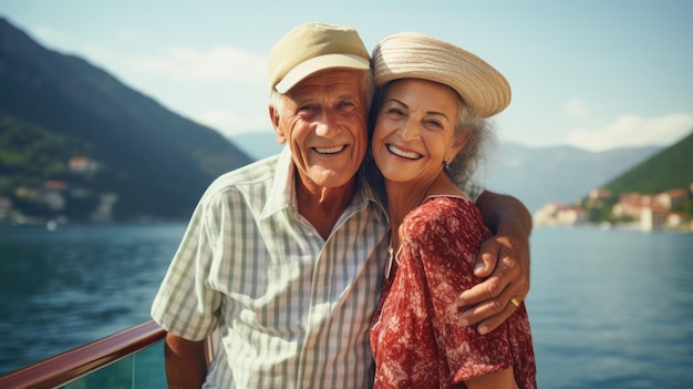 Closeup portrait photo of happy elderly couple
