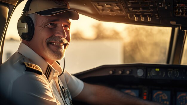 Closeup portrait of a pilot in the cockpit of an airplane