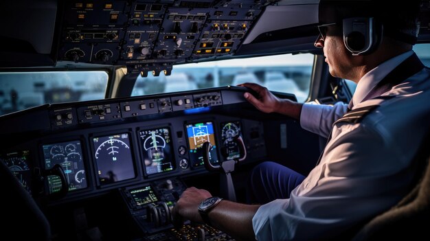 Photo closeup portrait of a pilot in the cockpit of an airplane