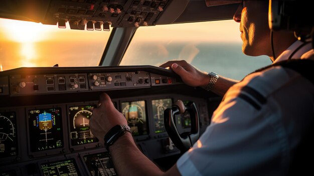 Foto ritratto del primo piano di un pilota nella cabina di pilotaggio di un aereo