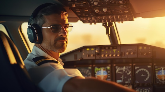 Foto ritratto del primo piano di un pilota nella cabina di pilotaggio di un aereo