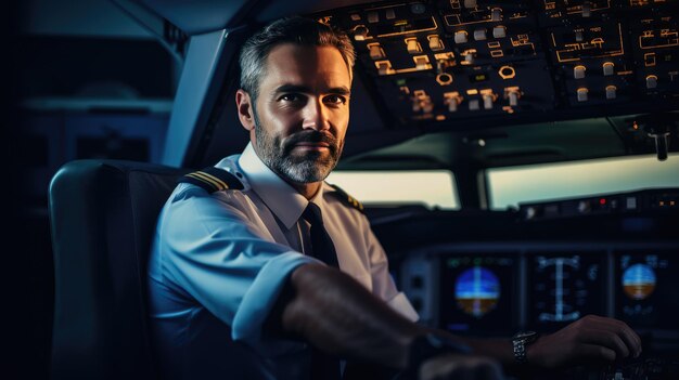 Closeup portrait of a pilot in the cockpit of an airplane