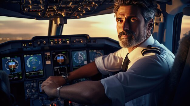 Closeup portrait of a pilot in the cockpit of an airplane