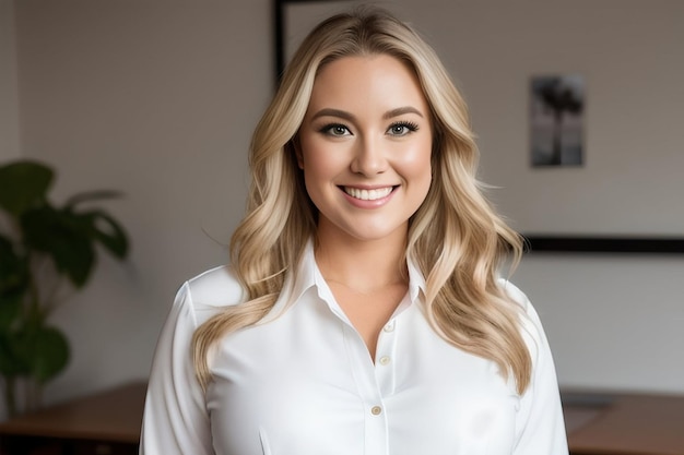 Closeup portrait of a plus size blonde woman manager with a smile in the office