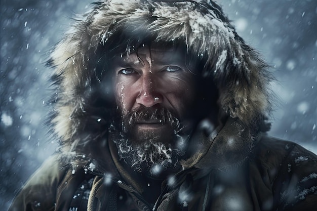 Closeup portrait of a polar explorer in snowfall