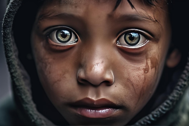 Крупным планом портрет бедного голодающего мальчика-сироты из трущоб в лагере беженцев с грустным выражением лица, грязным лицом, одеждой и глазами, полными боли