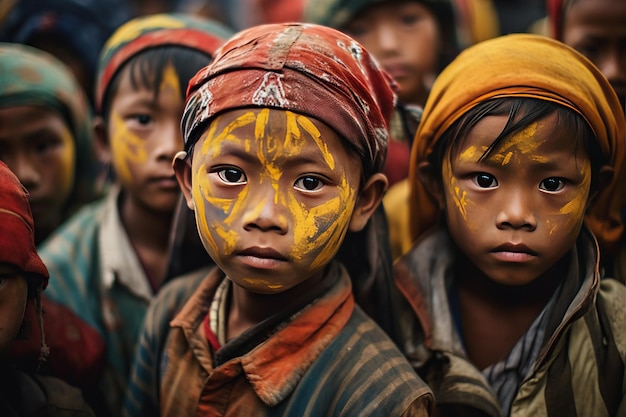 Closeup portrait of poor starving orphan boy slum boy in refugee camp with sad expression dirty face and clothes and eyes full of pain