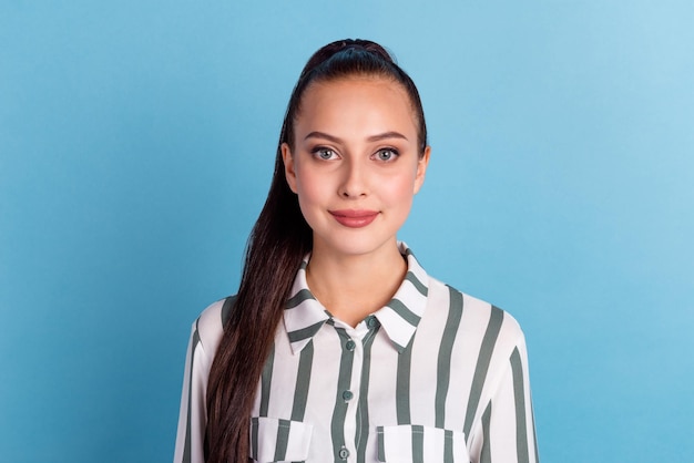 Closeup portrait of pretty businesslady expert banker financier isolated over blue pastel color background