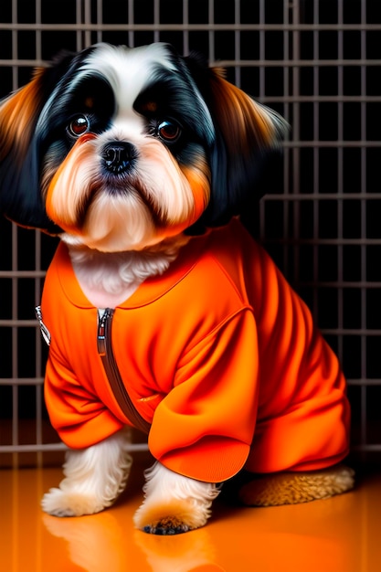 Closeup portrait of a pretty cute little dog in an orange jacket ai