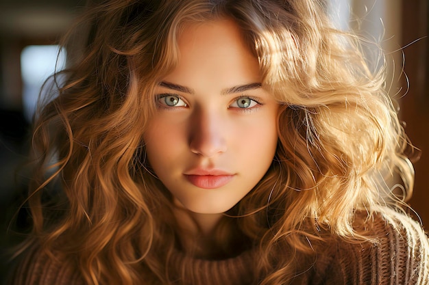 Closeup portrait of pretty smiling blonde girl with long hair and blue eyes posing on rocky beach