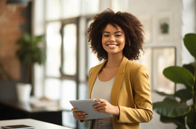 A closeup portrait of a pretty smiling business woman in an office