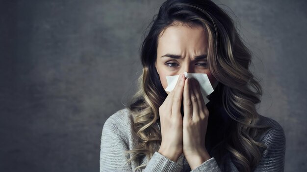 Closeup portrait of pretty woman blowing her nose with napkin catch a cold feeling sick isolate