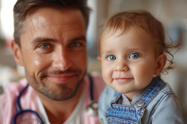 プロフェッショナルな男性小児科医と小さな男の子の患者 笑顔の医師のクローズアップポートレート