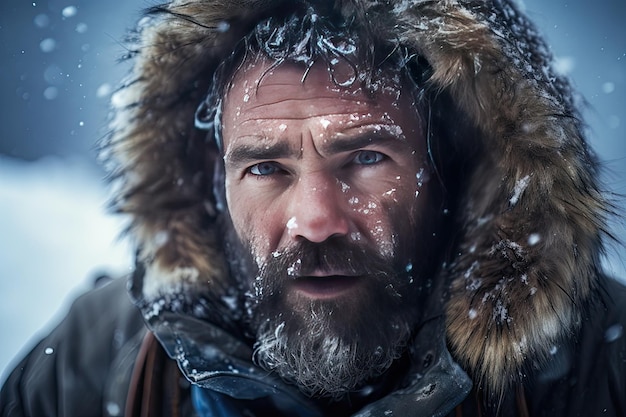 Крупный портрет профессионального полярного исследователя во время снежной бури