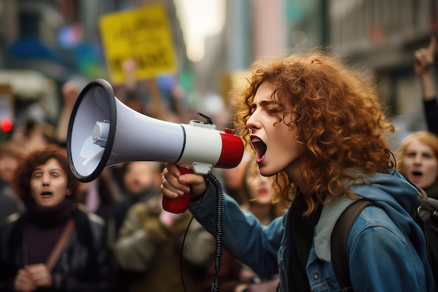 Крупный портрет радикальной молодой белой рыжеволосой женщины Молодая ирландка скандирует свои требования через мегафон Толпа демонстрантов на заднем плане