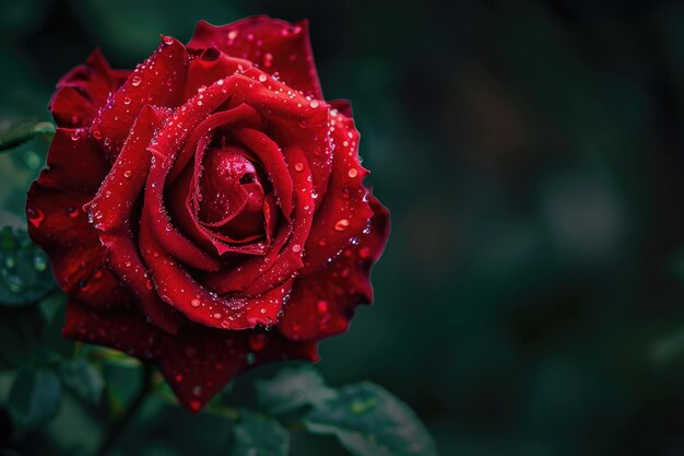 Closeup portrait of a red rose flower with dew on its petals