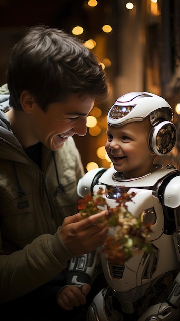 Photo a closeup portrait of a robotic caregiver holding a young child created with generative ai