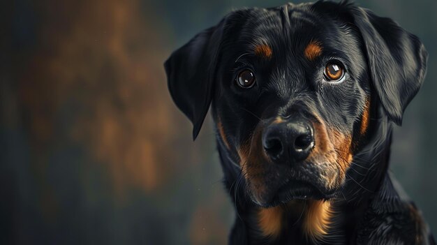 A closeup portrait of a Rottweiler dog with a dark brown coat and expressive eyes The dog is looking at the camera with a serious expression