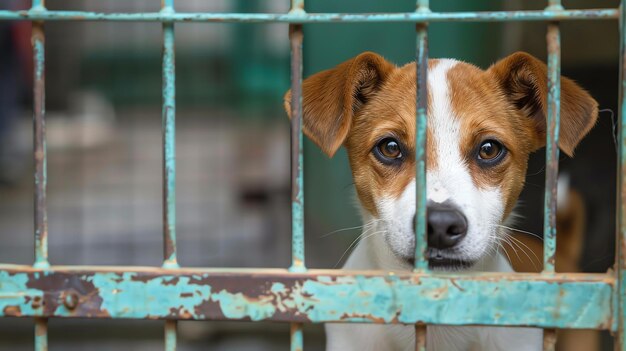 A closeup portrait of a sad dog looking through the bars of a cage at a shelter The dog is hoping to be adopted into a loving home