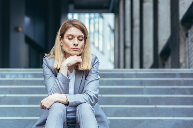 Крупным планом портрет грустной расстроенной деловой женщины, сидящей усталой на лестнице офисного здания