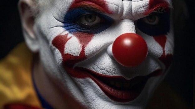 Photo closeup portrait of scary clown against dark background with space for text ai generated