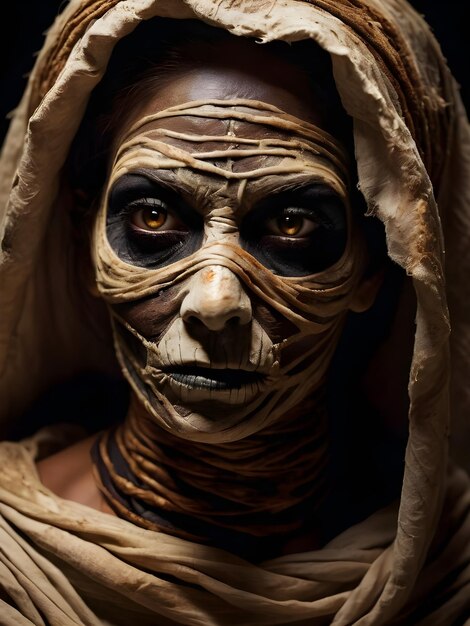 Портрет крупным планом страшной мумии в темном фильме ужасов Хэллоуина