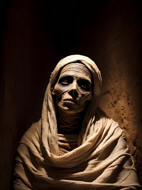 Closeup portrait of a scary mummy in the dark Halloween Horror film