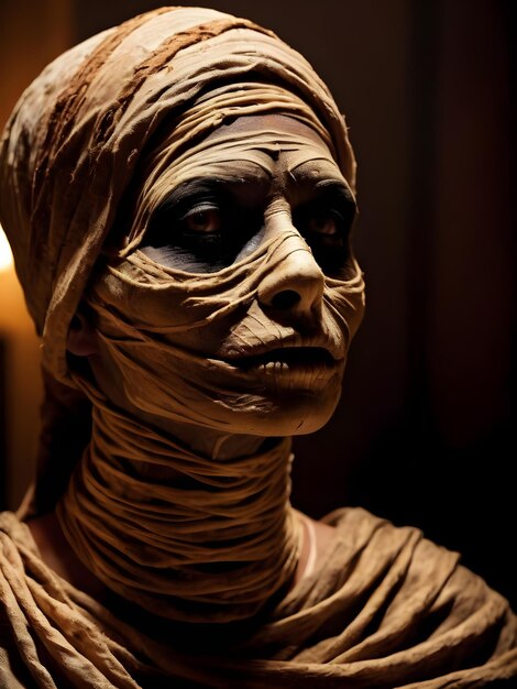 Closeup portrait of a scary mummy in the dark Halloween Horror film