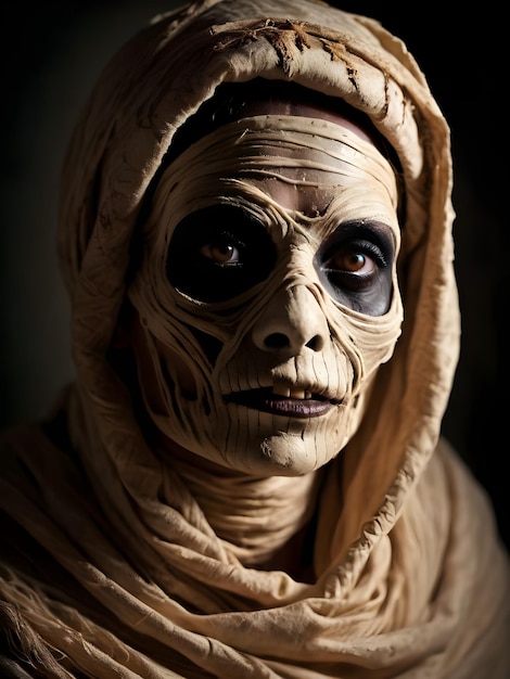 Photo closeup portrait of a scary mummy in the dark halloween horror film