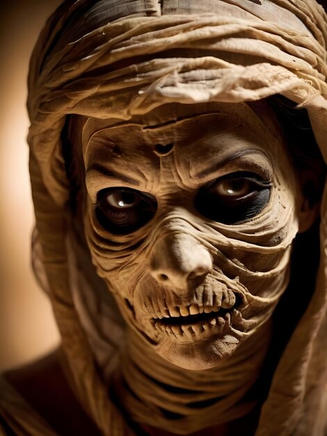 Photo closeup portrait of a scary mummy in the dark halloween horror film