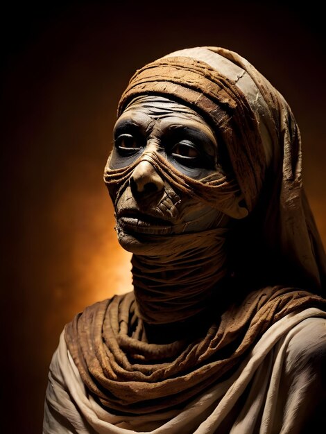 Foto ritratto del primo piano di una mummia spaventosa nel buio del film horror di halloween
