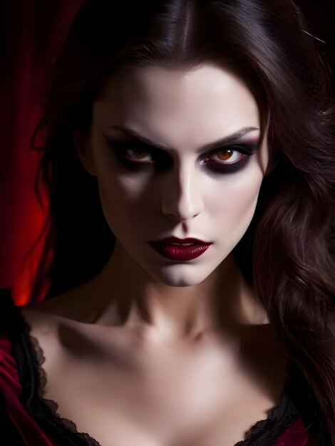 Closeup portrait of a scary vampire in a dark room halloween