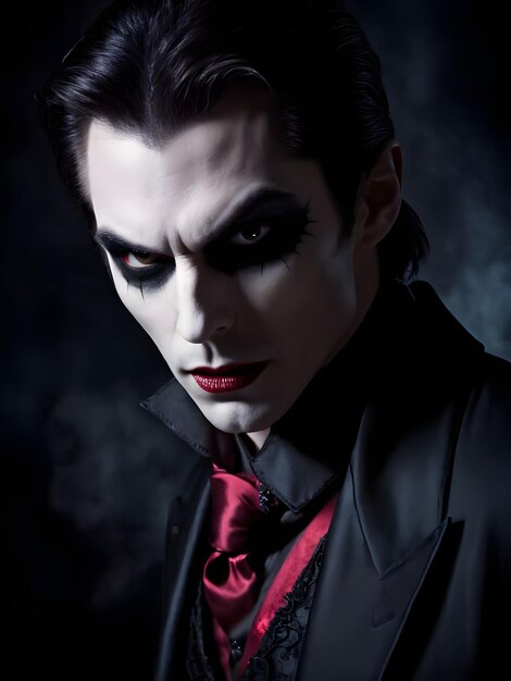 Photo closeup portrait of a scary vampire in a dark room halloween