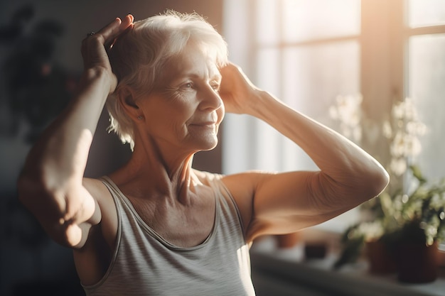 Closeup portrait of senior woman doing stretching exercises during a peaceful yoga session at home