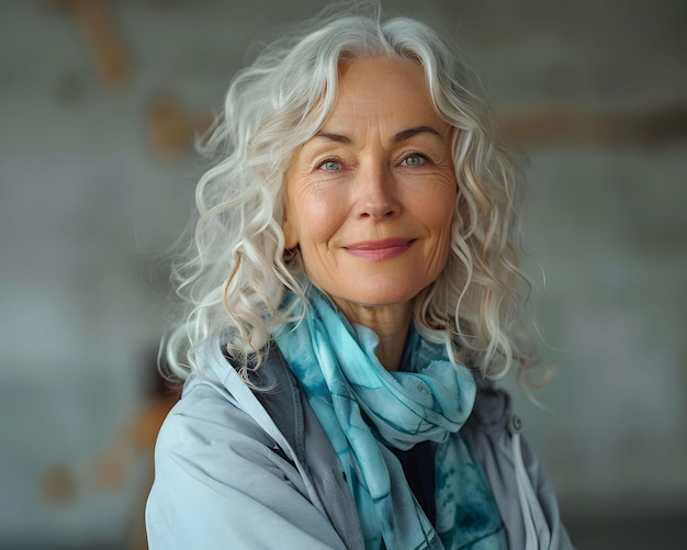 Closeup portrait of senior woman with long white hair Concept smiling confident