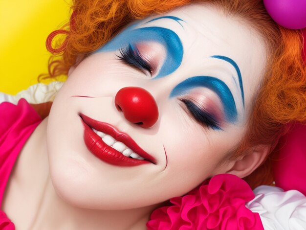 Photo closeup portrait of sideways clown woman with her eyes closed