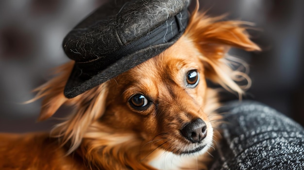 Photo a closeup portrait of a small brown dog wearing a black hat the dog has light brown eyes and is looking at the camera with a curious expression