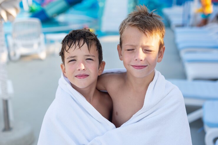 Closeup portrait of a smiling boy wrapped in a towel after swimming in the outdoor pool