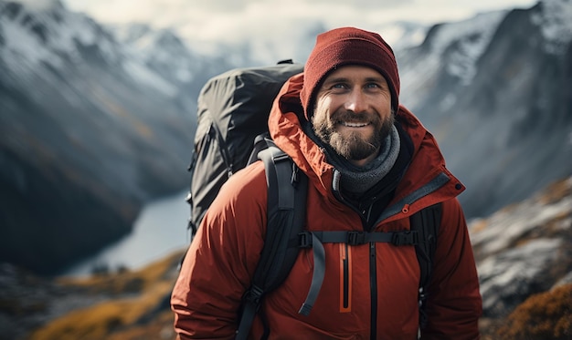 Foto un ritratto ravvicinato di un uomo sorridente di mezza età con una giacca e un cappello con uno zaino in escursione nelle montagne scandinave durante una nuvolosa giornata d'autunno