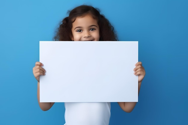 Closeup portrait of a smiling young girl holding a blank white sign generative ai enhanced