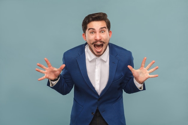 Photo closeup portrait of stressed manager in work shout roar